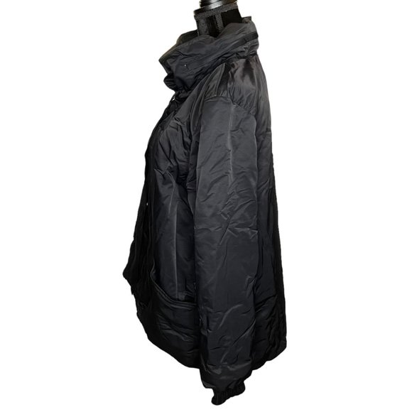 Eileen Fisher Jacket Womens Large Black Fleece Lined Removable Hood High Neck - Picture 5 of 16